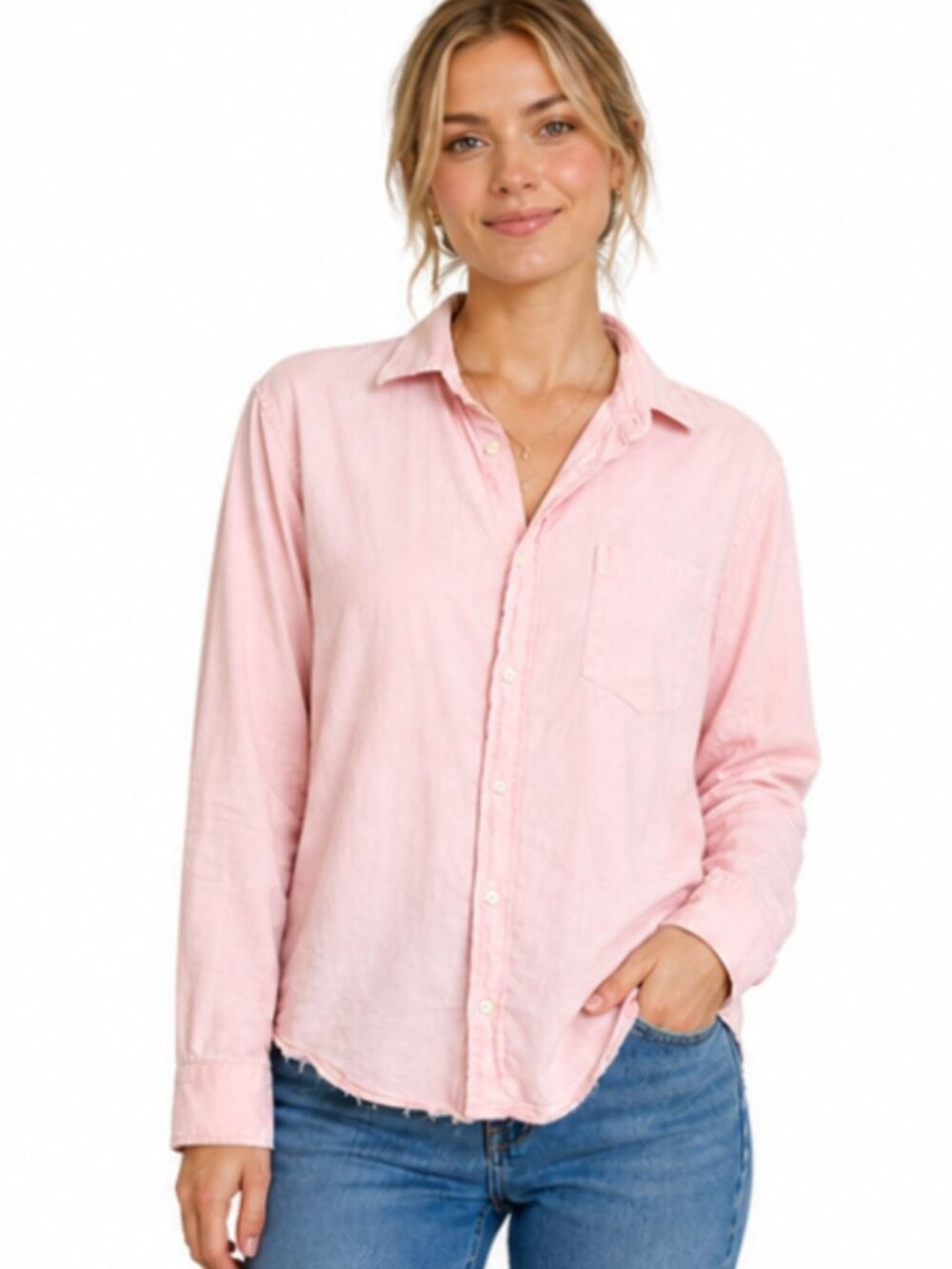 Frank & Eileen. Luke Oversized Distressed Button Down. Pink. Size XS.